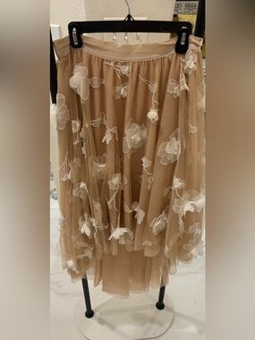 Anthropologie Beige High-Low Tulle Skirt with White Floral Appliqués